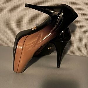 Prada Two-Tone Patent Leather Stiletto Pumps - Black and Nude